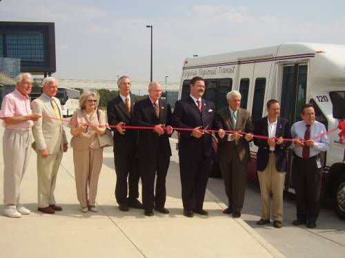 Eugene Delgaudio with Congressman Wolf to cut the ribbon to start the bus service that will allow Sterling visitors to the Space and Air Museum to skip the $12 parking charge.