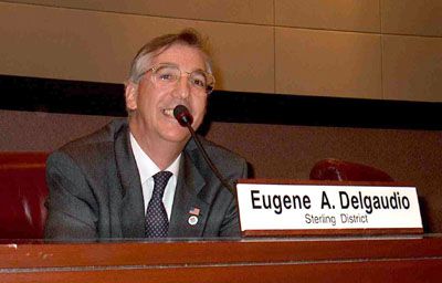 Supervisor Delgaudio behind the dais at the Board of Supervisors at the microphone that will never be silent when it comes to representing Sterling.